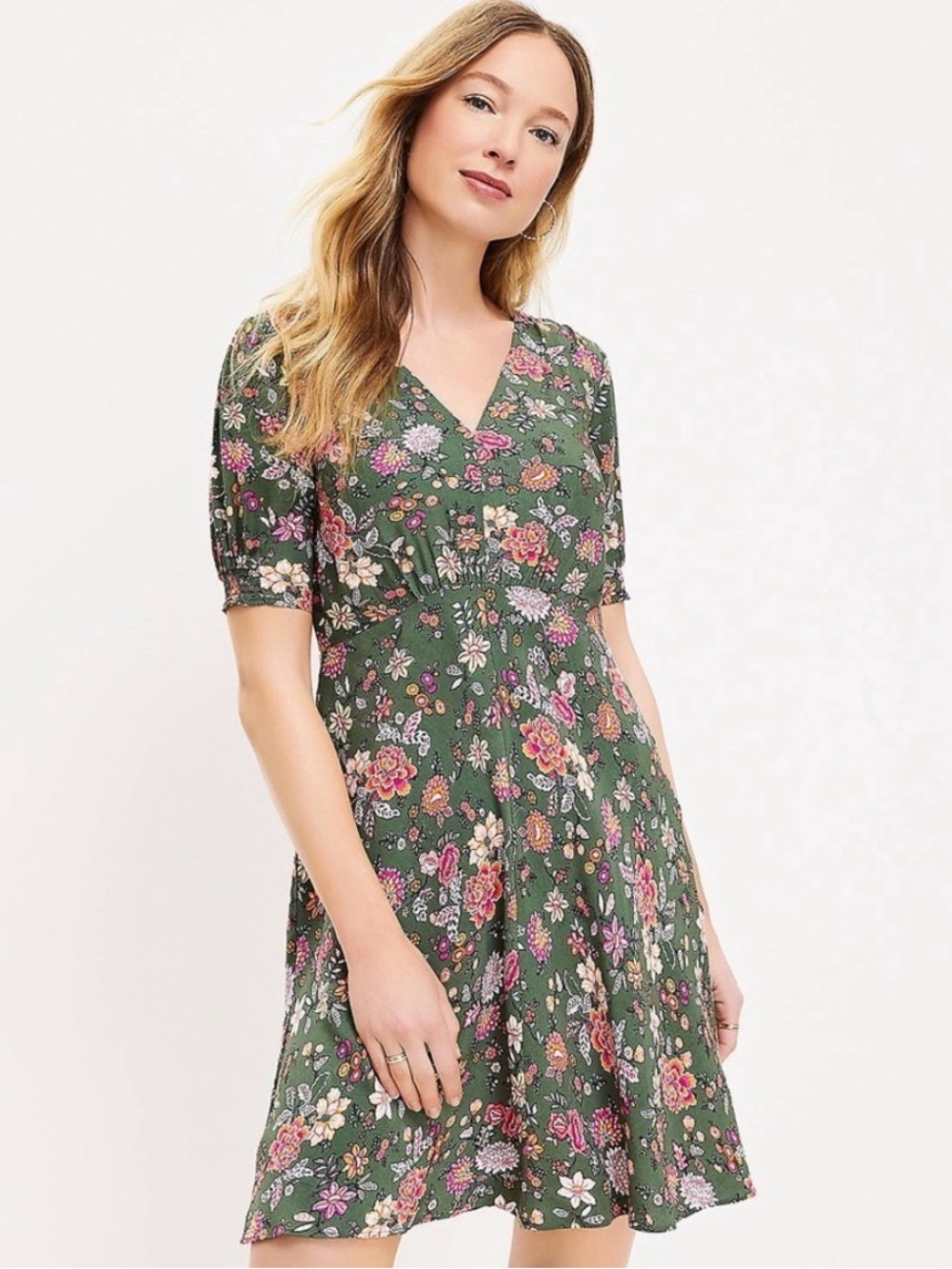 LOFT 6 Green Pink Floral Print Country Garden Puff Sleeve V-Neck Dress